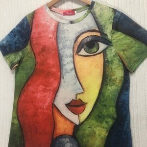 Mundefeis Abstract Face Art T-Shirt Colorful‎ Graphic Print Top Size M